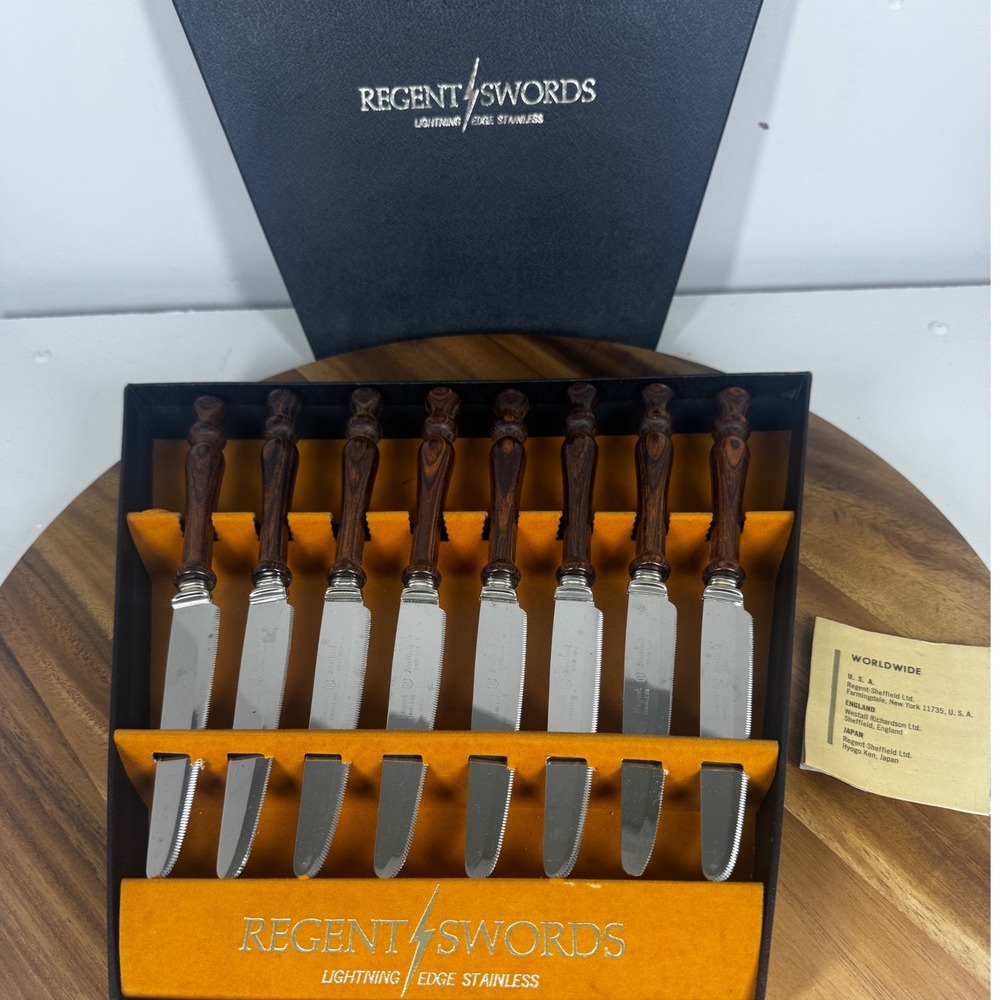 Regent Swords Lightning Edge Stainless Steak Knives Set 8 Wood Handles Orig. Box